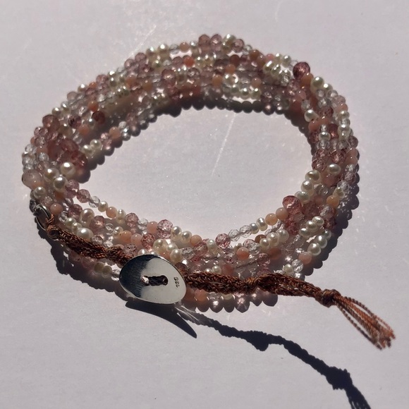 [handmade] Genuine Sterling Silver, Gemstone & Pearl Corded Wrap Bracelet - Picture 2 of 9